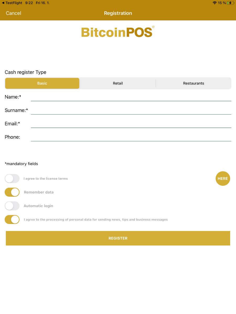 Registration form of the BitcoinPOS application