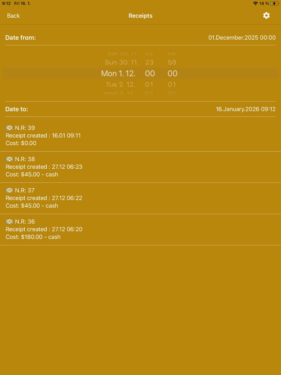 List of closed receipts for the selected period
