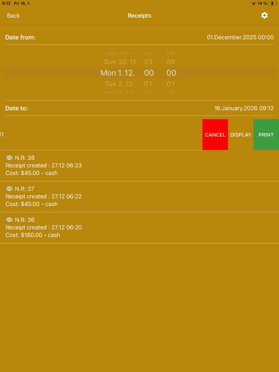Additional receipt menu after swiping