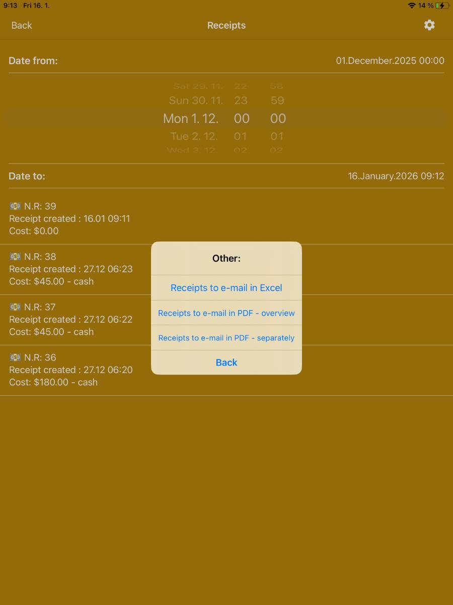 Receipts menu – gear button