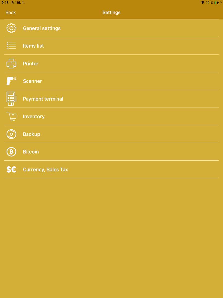 Overview of the Settings section in BitcoinPOS