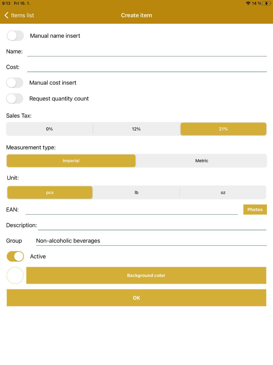 Creating a new price list item