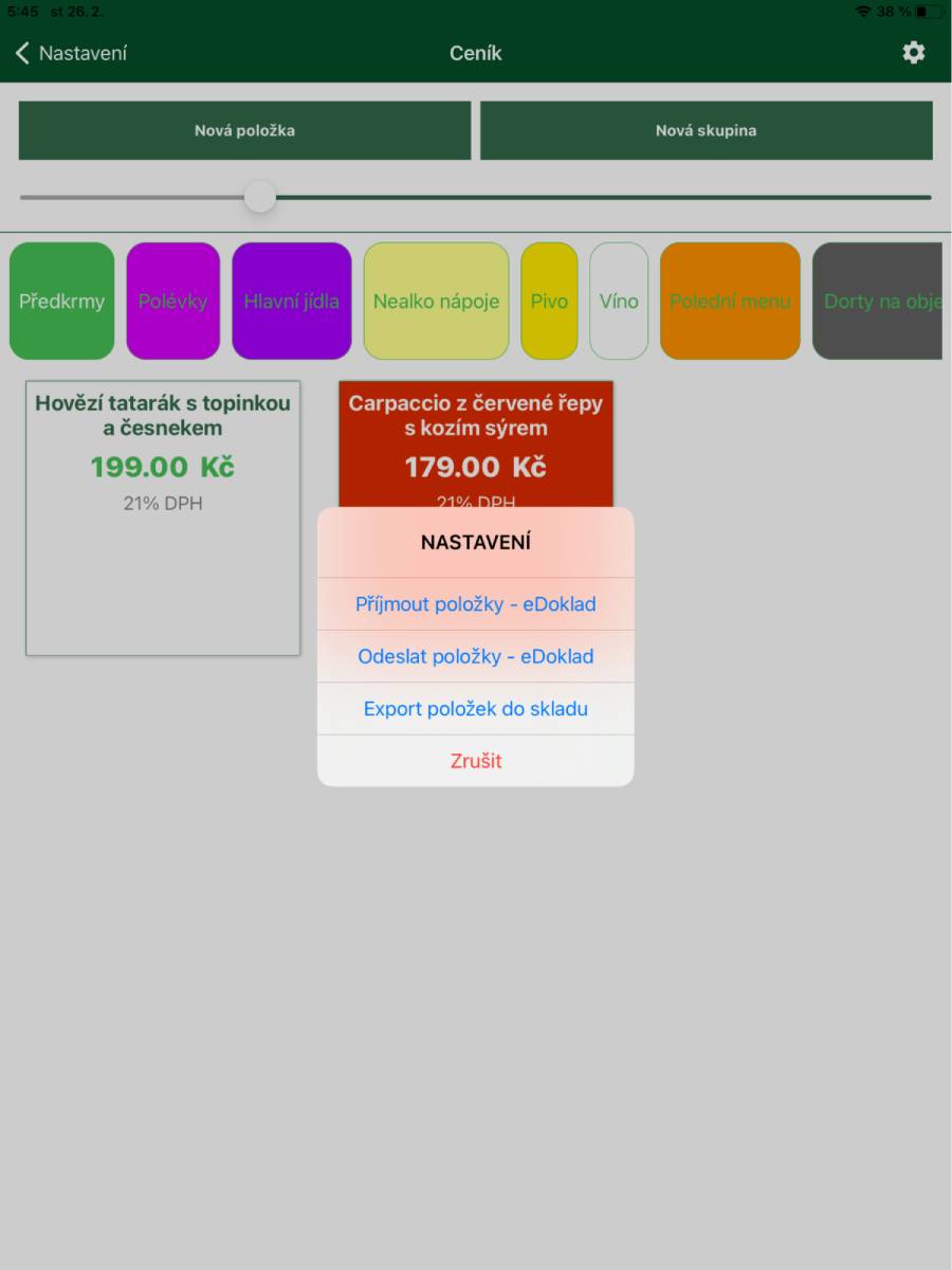 Price list menu – gear button