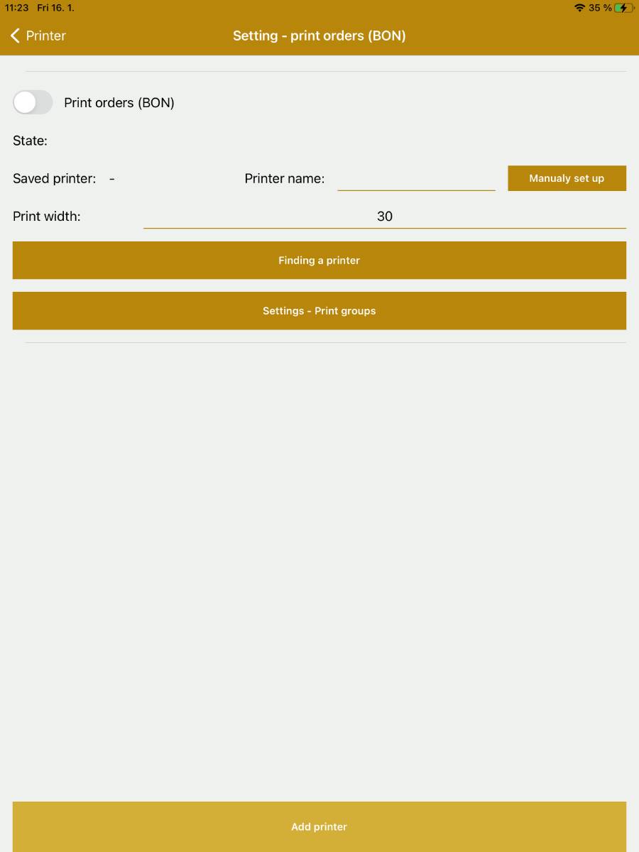 Setting the printing of orders (BON) and groups for printing