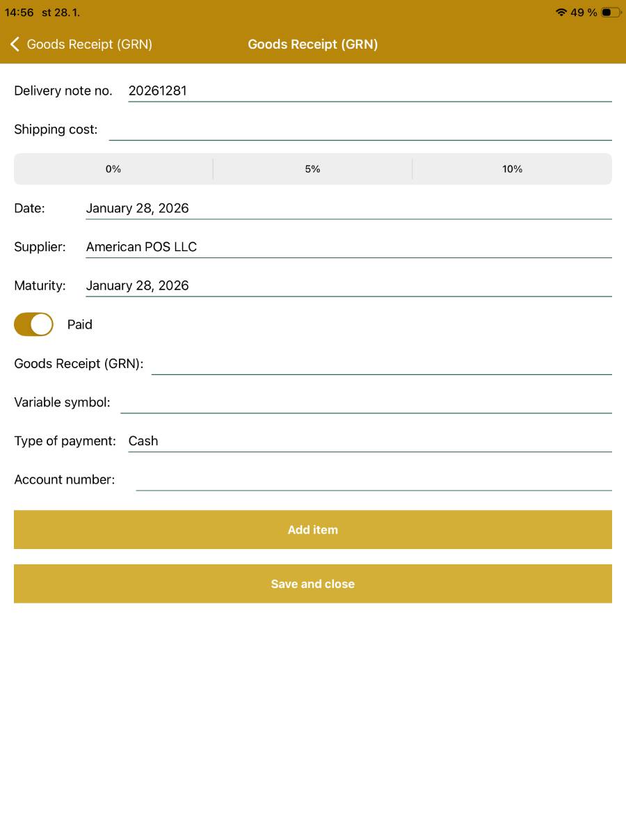 New incoming receipt – filling in data