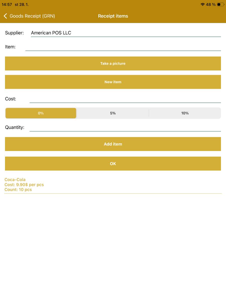 Inserting an inventory item into the incoming receipt