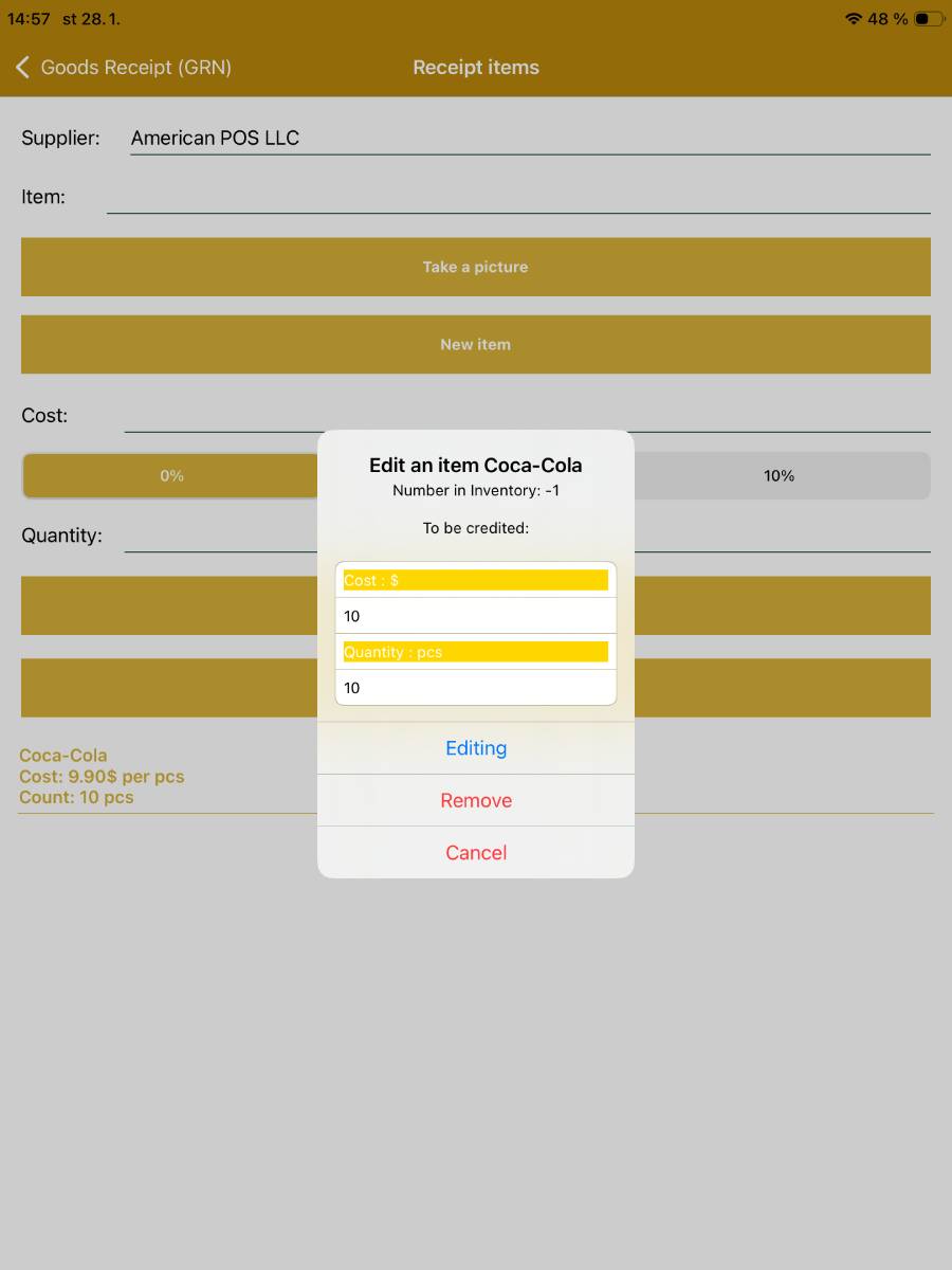 Editing items inserted into the incoming receipt