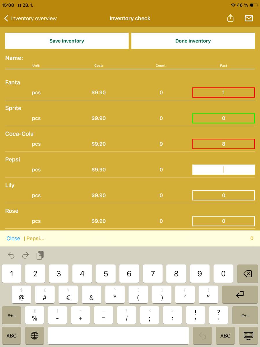 Inventory – overview of inventory items in a table